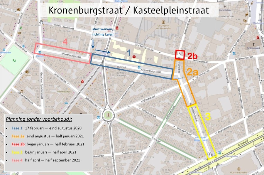 plan fasering en timing heraanleg op kaart: fase 1 Kronenburgstraat tussen Van Craesbeeckstraat en Begijnenstraat, fase 2 complex kruispunt vanaf Begijnenstraat tot en met Verbondstraat, fase 3 Kasteelpleinstraat vanaf Verbondstraat tot Leien, fase 4 Kronenburgstraat van Klossterstraat tot Van Craesbeeckstraat plan fasering en timing heraanleg op kaart: fase 1 Kronenburgstraat tussen Van Craesbeeckstraat en Begijnenstraat, fase 2 complex kruispunt vanaf Begijnenstraat tot en met Verbondstraat, fase 3 Kasteelpleinstraat vanaf Verbondstraat tot Leien, fase 4 Kronenburgstraat van Klossterstraat tot Van Craesbeeckstraat